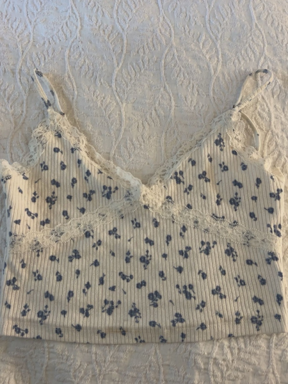 Aeropostale Cream Ribbed Floral Lace-Trim Cami with Blue Floral Print